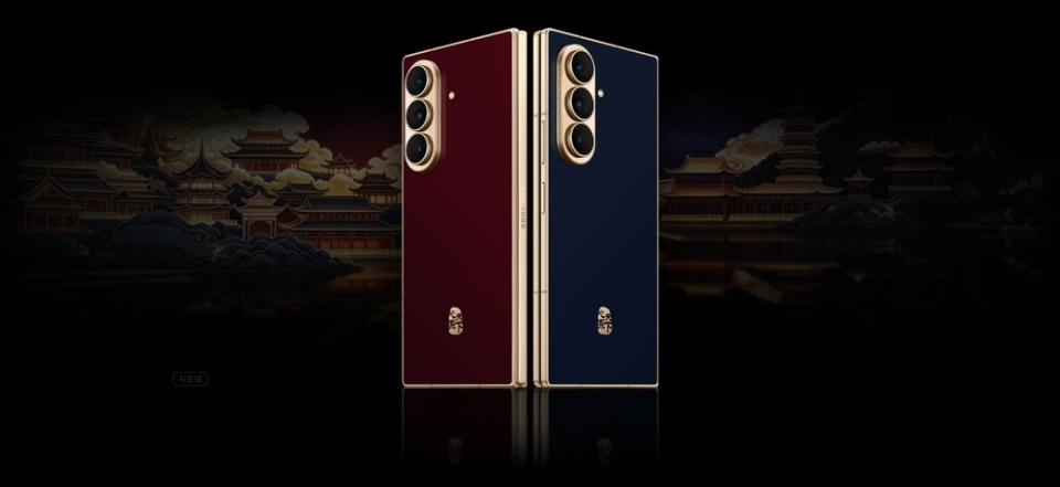 Galaxy Z Fold7在折叠状态下被横握，以掌上游戏机形式呈现。游戏正在运行，强大的处理器可优化Vulkan和光线追踪技术，带来沉浸式的游戏体验。随后，游戏画面切换到设备内部的处理器结构与主板布局画面。